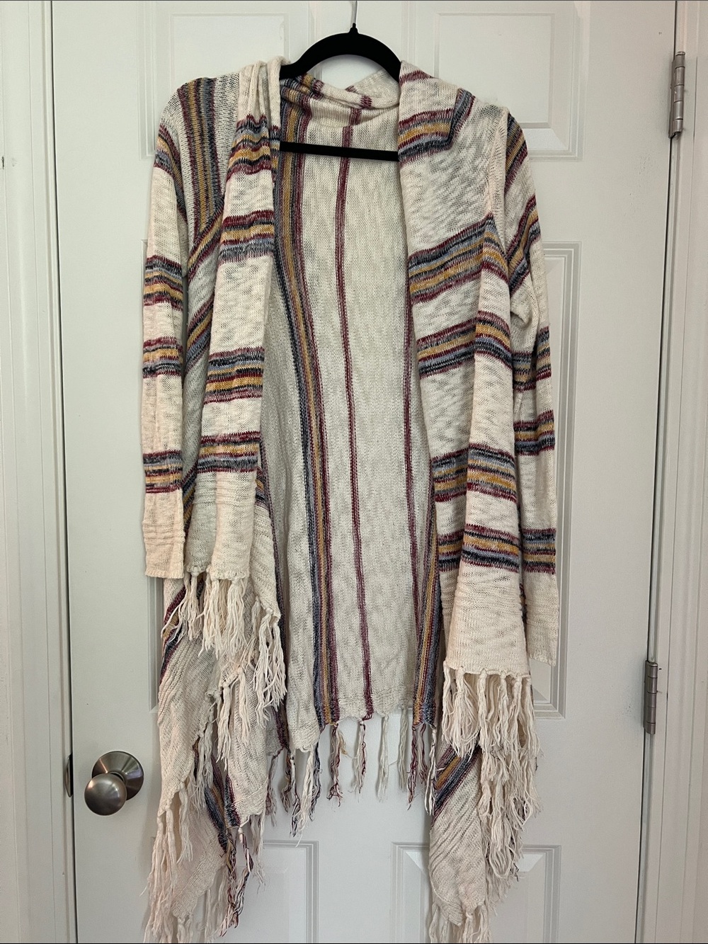 Abound Cream Multicolor Striped Hooded Fringe Cardigan